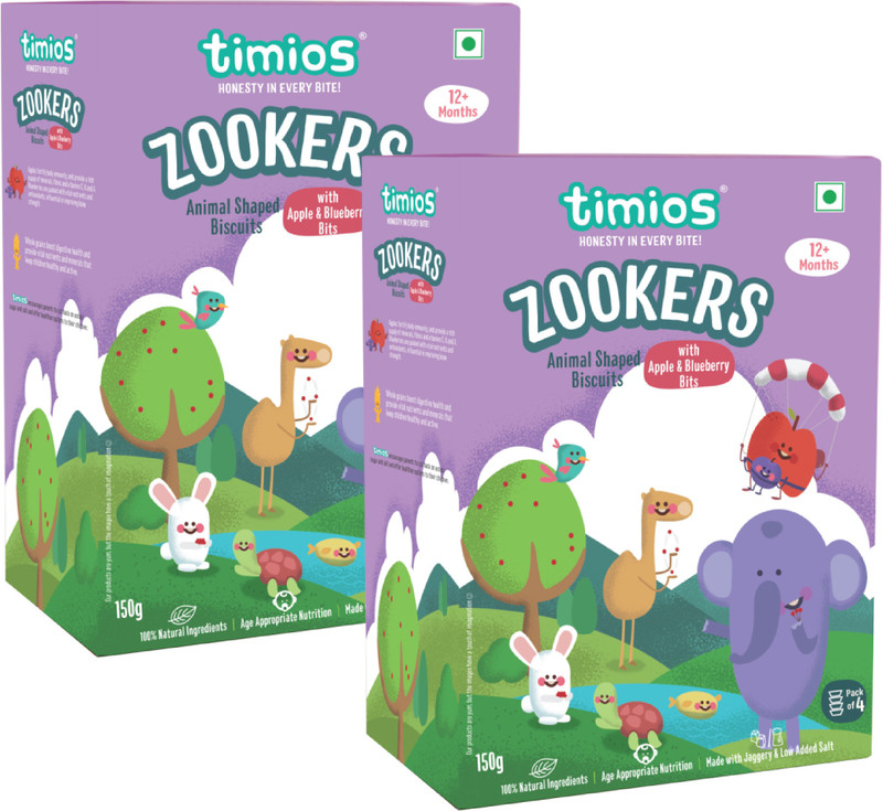 Timios Zookers Apple & Blueberry Bits | Healthy Snack for Kids | Natural Energy Food Product for Toddlers and Preschoolers | Nutritious and Ready to Eat for Children 12+ Months | Animal Shaped Biscuit | Pack of 2(300 g, Pack of 2)