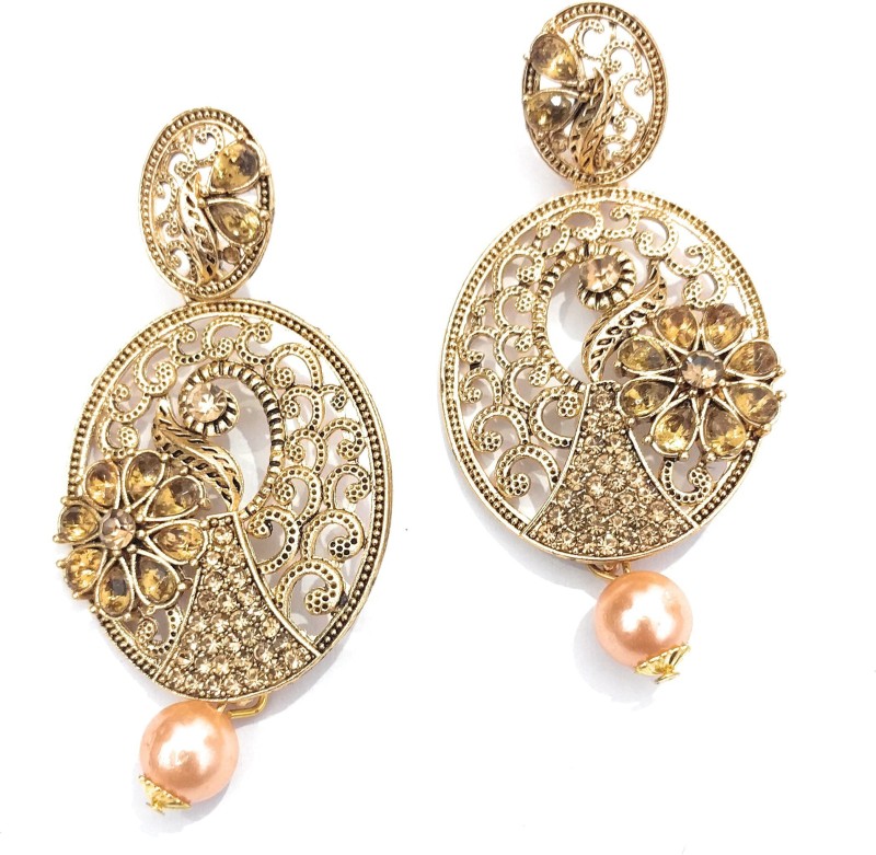 athizay Long Party Wear Earrings Oval shape Rose gold Finish Beads Studded...