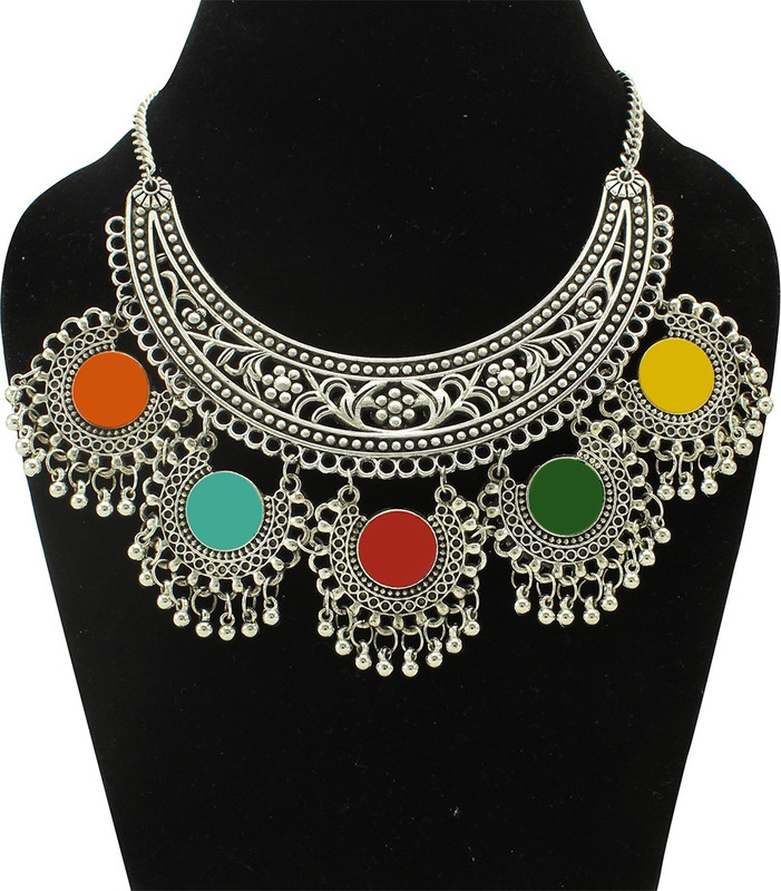 fashionly Multicolor Meena Oxidised Alloy Necklace Black Silver Plated Alloy, Enamel Necklace