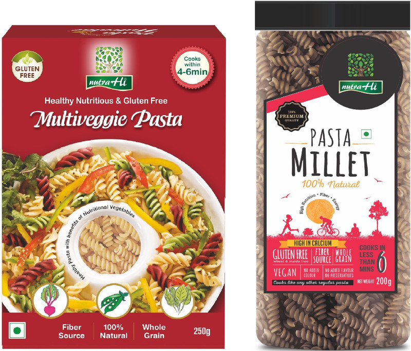 NutraHi Multiveggie Gluten free pasta - 250g + Millet Gluten free pasta - 200g (Combo) Fusilli Pasta(Pack of 2, 450 g)