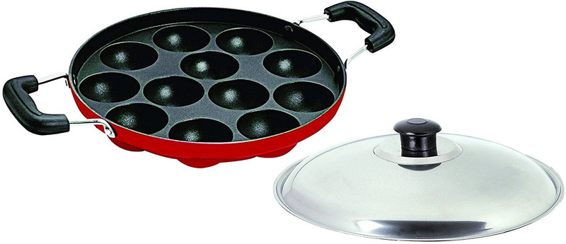 sajan Stainless Steel Large Paniarram Appam Patra,1-Piece,Black Kadhai 20 cm with Lid(Aluminium, Non-stick)