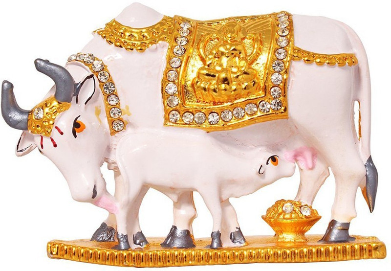 swarnim jewellers Cow N Calf Idol Kamdhenu Cow and Calf Statue , Mahadev Mount / Nandi Handicraft Decorative Spiritual Puja Vastu Showpiece Figurine - Religious Pooja Gift Item & Murti for Mandir / Temple / Home / Office Decorative Showpiece  -  5 cm(Brass, Multicolor)
