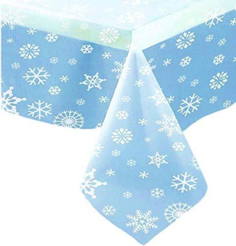 kedudes Snowflakes Plastic Tablecover Set - One Clear Tablecloth Clear Snowflakes Table Cover And One Solid Light Blue Plastic Tablecloth.