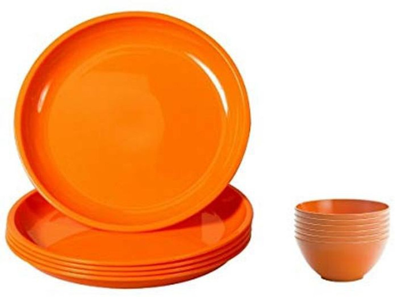 white popcorn Microwave Safe & Unbreakable Round Full Plates with Bowl (Pack of 6 Plates & 6 Bowl Set.- 12 Pieces) (Orange) Pack of 12 Dinner Set(Plastic)