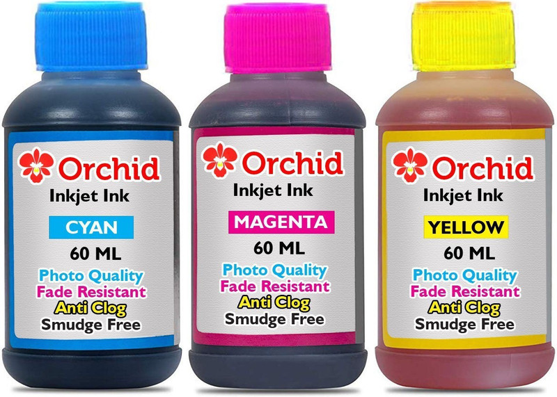 orchid photo quality ink refill for HP 803,802,818,22,46,57,678,680,703,704,901 color ink cartridge (color ink 180 ml, ink filling tools & instructions) Multi Color Ink Bottle(Magenta, Cyan, Yellow)