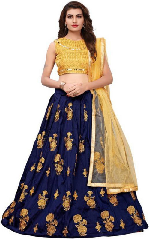 jahal fashion Embroidered Semi Stitched Lehenga, Choli and Dupatta Set(Gold, Blue)