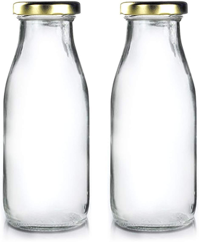 valuebazaar Milk, Water and Juice Glass Bottle with Air Tight Cap - 200 Ml - Transparent 200 Bottle(Pack of 2, Clear)