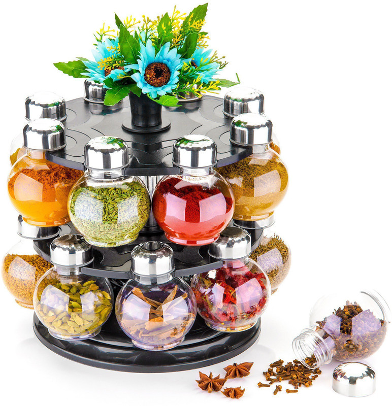 skyfly 360 Degree Revolving Kitchen Storage Rack Container Jar Stylish Condiment Set Of 16 (Steel Cap) 1 Piece Condiment Set(Plastic)