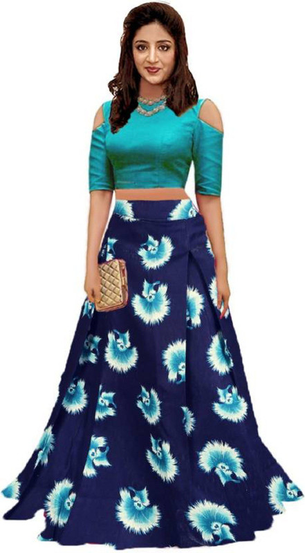 crezz n world Printed Semi Stitched Lehenga & Crop Top(Dark Blue, White, Blue)