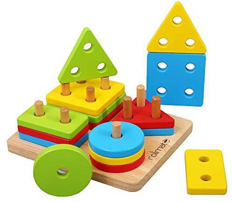 rolimate Wooden Educational Shape Color Recognition Geometric Board Block Stack Sort Chunky Puzzle Toys, Birthday Gift Toy For Age 3 4 5(16 Pieces)
