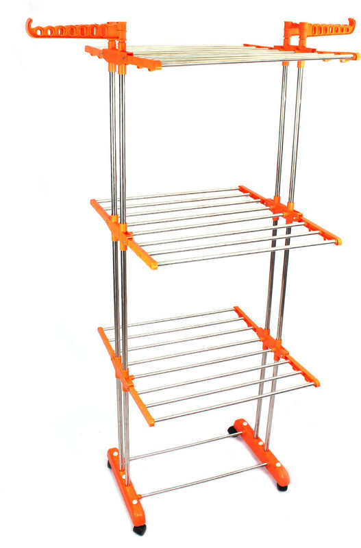 sukots MADE IN INDIA BEST QUALITY GARMENT DRYER RACK WITH FIRST TIME CASTER WHEELS AND MANY OTHER FEATURES PURE STAINLESS STEEL DOUBLE POLL 3 TIER RACKS Stainless Steel, PP (Polypropylene) Floor Cloth Dryer Stand(Orange)