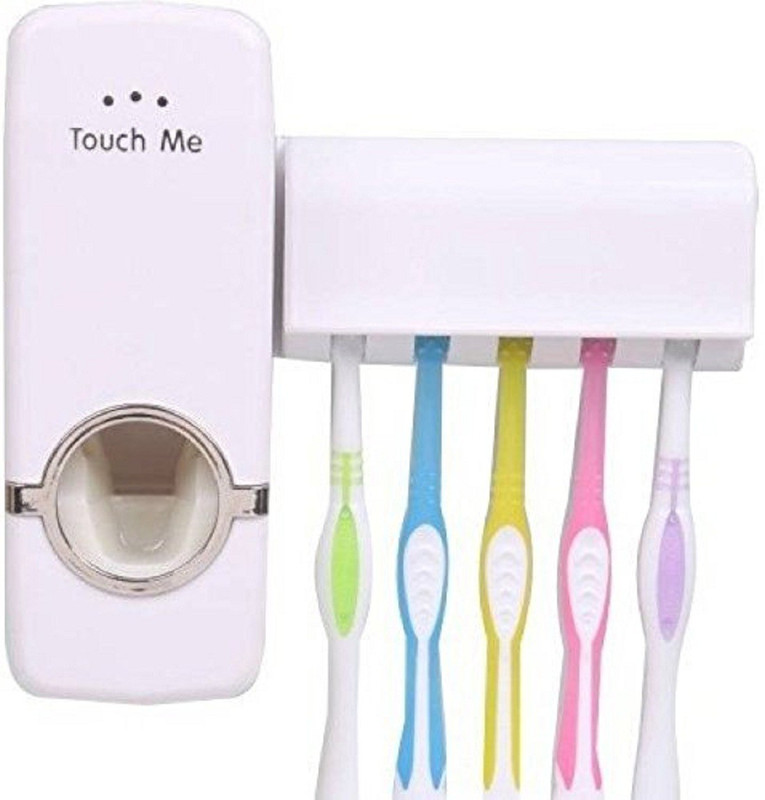wewholeseller Hands Free Toothpaste Dispenser Automatic Squeezer And Holder Set Plastic Toothbrush Holder(White, Wall Mount)