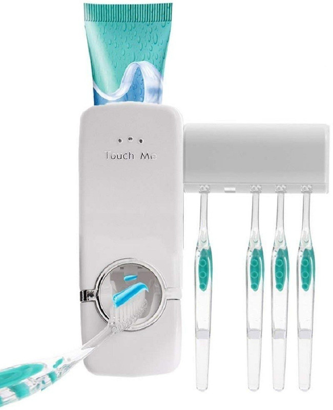 craftsworth Hands Free Toothpaste Dispenser Automatic Squeezer And Holder Set Plastic Toothbrush Holder(White, Wall Mount)