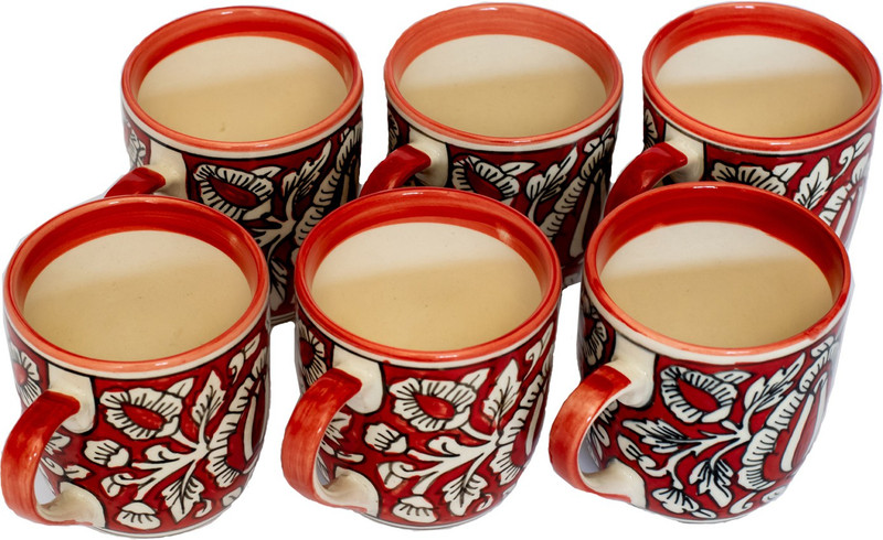 clayart9 Red Miughal Art Tea Set Ceramic(Red, White, Pack of 6)