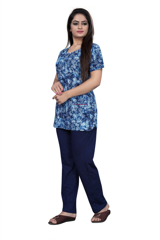 little pink Women Printed Blue Top & Pyjama Set