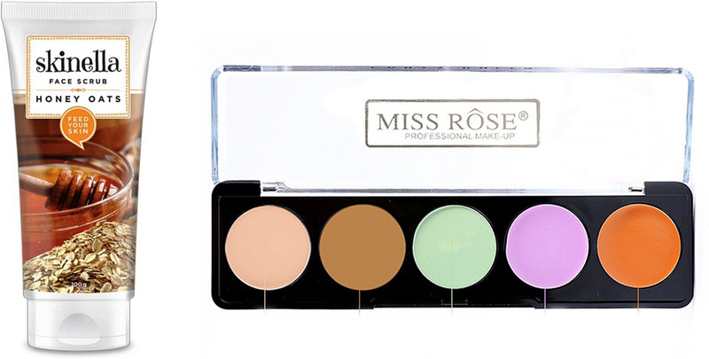 skinella Honey Oats Face Scrub and miss rose 5 color cream corrector palette combo(Set of 2)