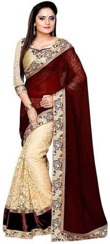 nancy villa Embroidered Bollywood Georgette, Net Saree(Cream)