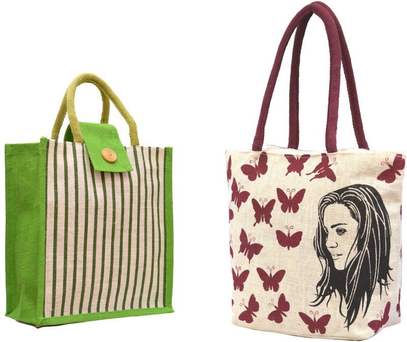 AGGDA **2 BAGs COMBO**Women Waterproof Jute Cat and Paw Printed Tote Shoulder Bag Handbag Eco-Friendly with &&Green Stipes Printed with Rope Handle Jute Tiffin Lunch Handbag. … Waterproof Multipurpose Bag(Beige, 16 L)