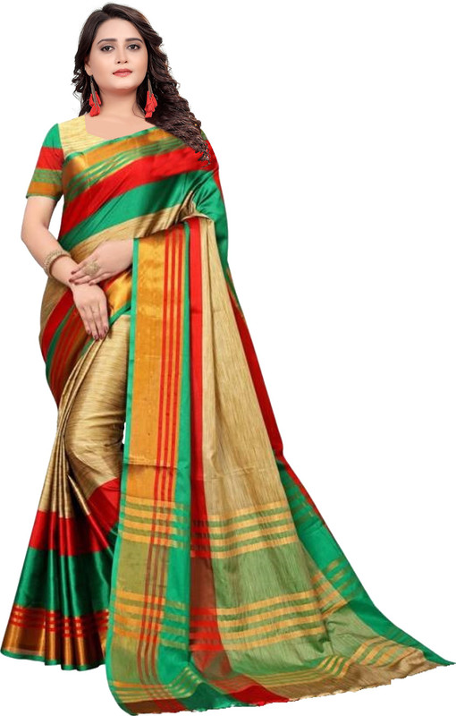 parth sarees Striped Fashion Tussar Silk Saree(Red, Gold, Green)