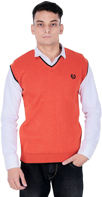 alnik Solid V-neck Casual Men Orange Sweater