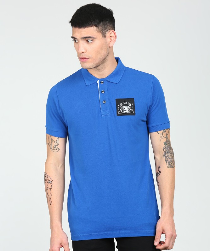 French Connection Solid Men Polo Neck Blue T-Shirt