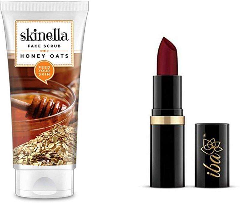 skinella Honey Oats Face Scrub and iba halal A72 maroon burst lipstick combo(Set of 2)
