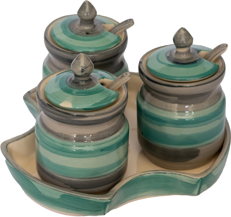 clayart9 designer SeaGreen ceramic container jar set  - 50 ml Ceramic Pickle Container & Salt Pepper Container(Pack of 3, Green)