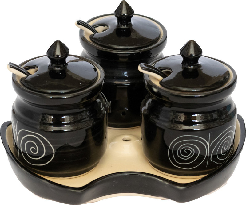 clayart9 designer black ceramic container jar set  - 50 ml Ceramic Pickle Container & Salt Pepper Container(Pack of 3, Black)