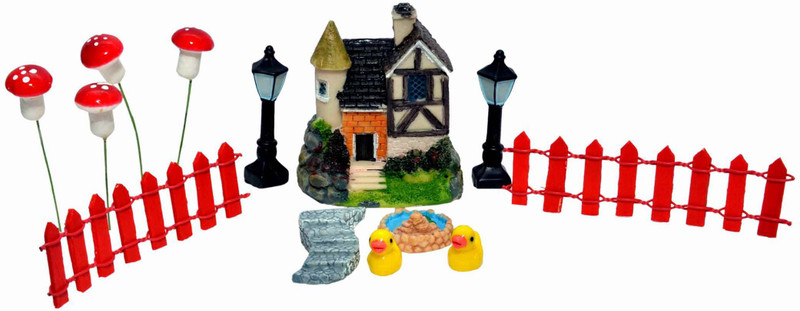 back garden nursery Miniatures Combo of 1 Big House 7*6 cms., 2 Red fence 10*3 cms., 1 Big Step 6 cms., 1 Pond 2.5*2.5 cms., 2 Lamp post 5.5 cms., 4 Pin mushrooms 2 cms. Each Decorative Showpiece  -  6 cm(Polyresin)