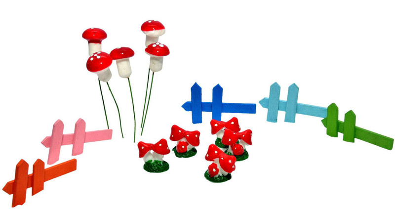 back garden nursery Combo of 5 Tri- Mushrooms 1.5*1.5 cms. , 5 Pin Mushrooms 2cms. & 5 Post fences 3*5 cms. Each Decorative Showpiece  -  1.5 cm(Polyresin, Multicolor)