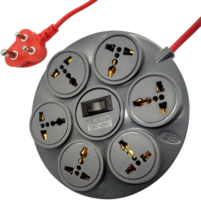 ELV 10 AMP, 6 Feet Wire, Overload Protection Master Switch with LED, MOV with Fire Resistance Sleeve - Grey 6 Socket Surge Protector(Grey)