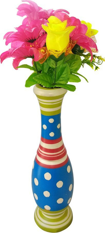 tovick Authentic hand painted Polka Dots wooden vase with two bunches of fabricated flowers(Pack of 1) Wooden Vase(8.6 inch, Multicolor)