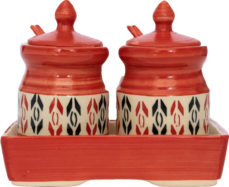 clayart9 designer red ceramic container jar set  - 50 ml Ceramic Pickle Container & Salt Pepper Container(Pack of 2, Multicolor)