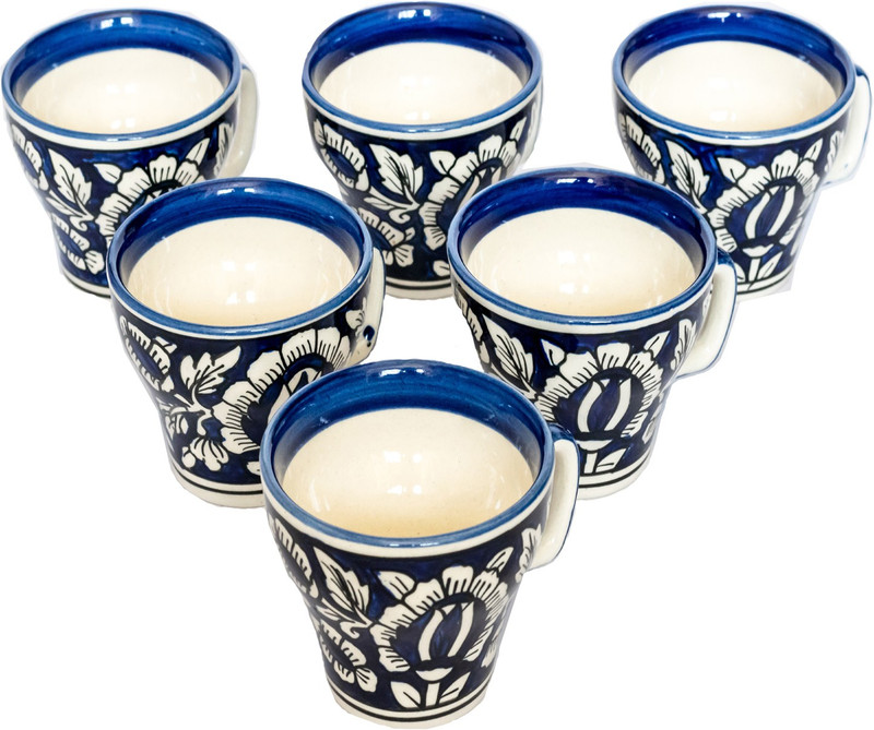 clayart9 blue pottery tea set Ceramic(Blue, White, Pack of 6)