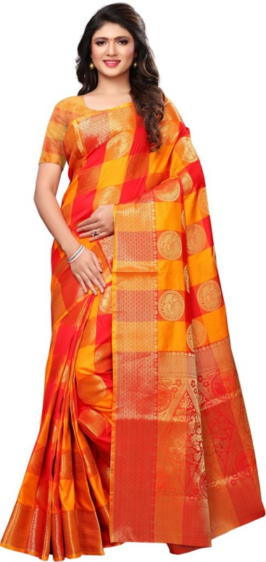 Saara Self Design, Temple Border, Embellished, Woven, Dyed, Solid Kanjivaram Cotton Blend,...