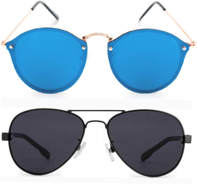 shah collections Aviator, Round Sunglasses(Black, Blue)