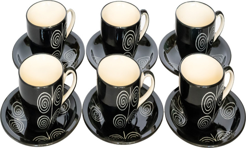 clayart9 black ceramic cup saucer set Ceramic(Black, Pack of 6)
