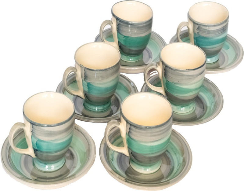 clayart9 designer sagreen cup saucer set Ceramic(Green, Pack of 6)