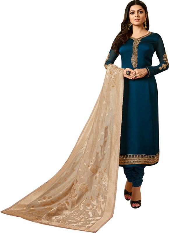 colourfullbutton Art Silk Self Design, Embroidered, Solid Kurta & Churidar Material(Semi Stitched)