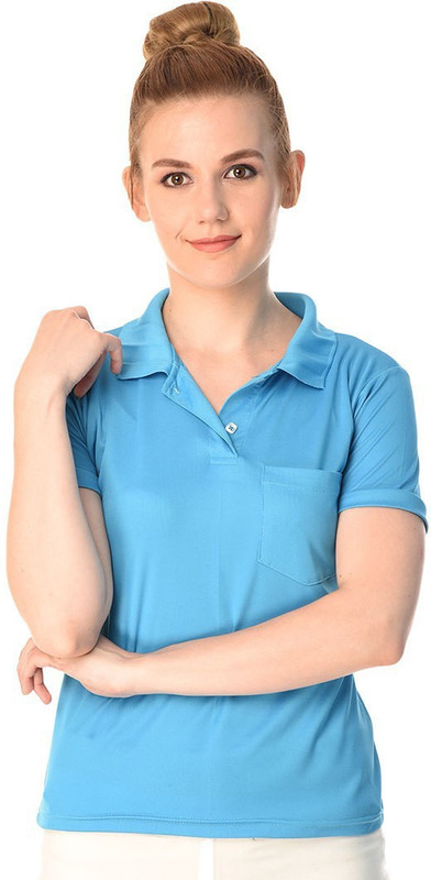 vogue tantra Solid Women Polo Neck Light Blue T-Shirt