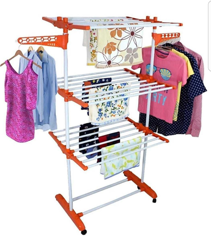 shp SINGLY POLE INDIAN MADE CLOTHES RACK 3-TIER Carbon Steel, Plastic Floor Cloth Dryer Stand(Orange)