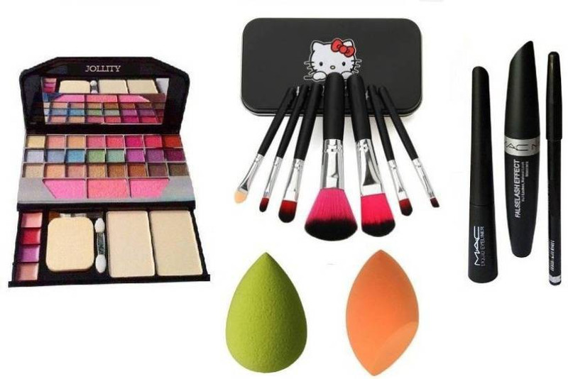 jollity Makeup Kit Mini Laptop Eye Shadow & Brush Set Black & EyeLiner Kajal Mascara (3 in1) & Multicolor 2 Puff Sponges(7 Items in the set)
