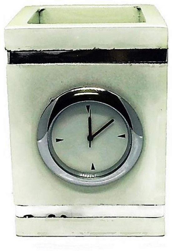 topmost 1 Compartments wooden white pen pencil holder with watch(White)