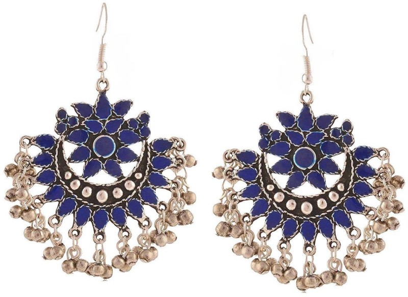Crunchy Fashion Blue Oxidised Silver Afghani Tribal Dangler Chandbali Earrings Alloy Drops...