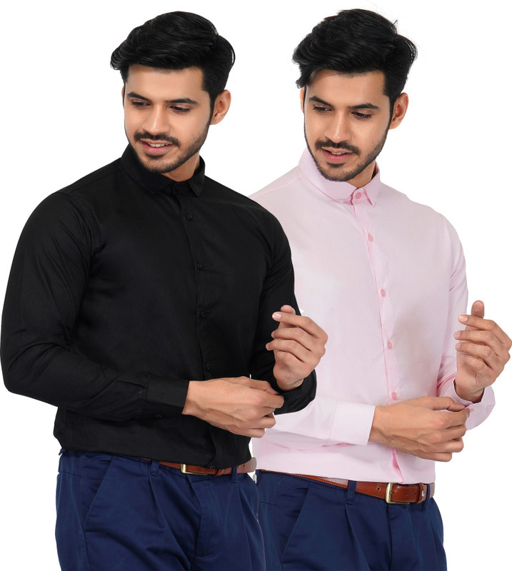 Jai Textiles Men Solid Casual Black, Pink Shirt(Pack of 2)