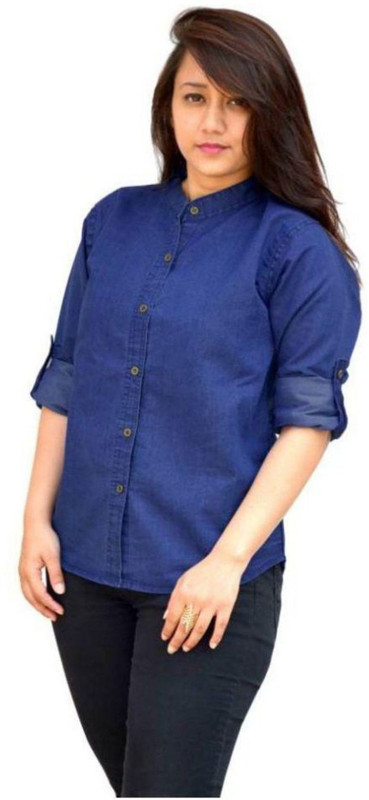 king denim Women Solid Casual Blue Shirt