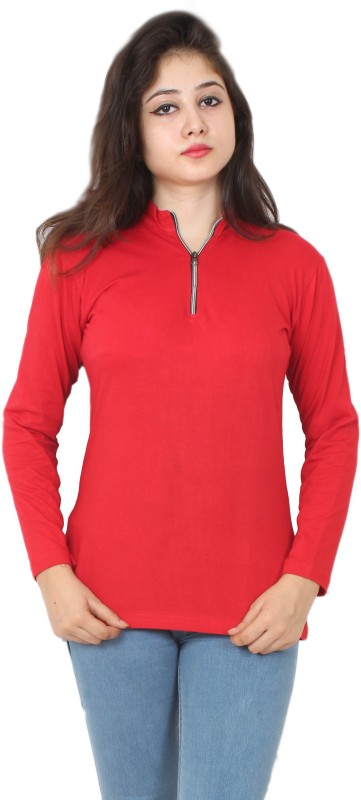 Himgiri International Solid Women Mandarin Collar Red T-Shirt