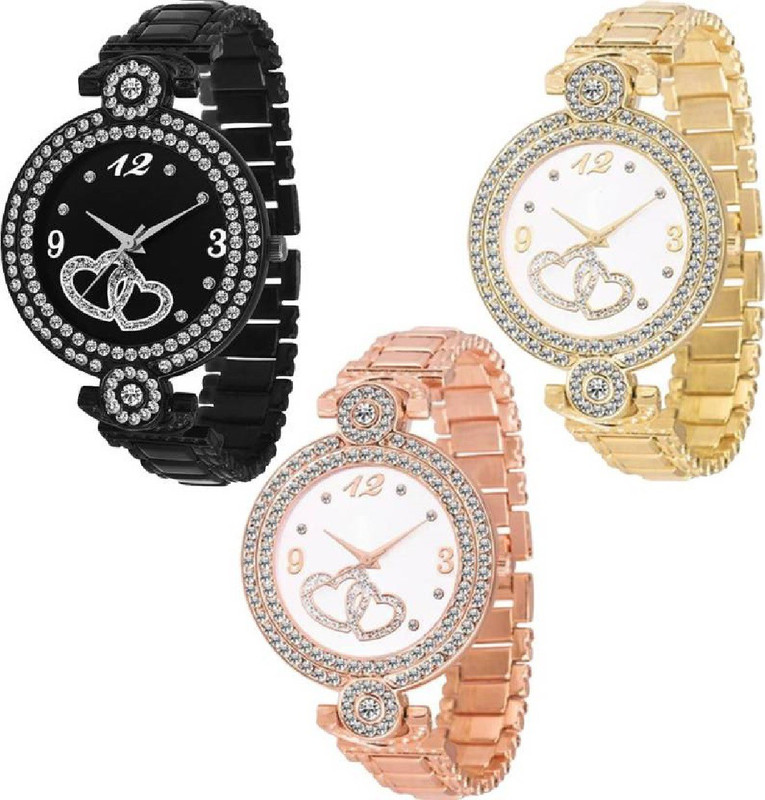 standard choice watch new model bracelet type Shine able Dial Stainless Still Strap Heart Printed Dial Women watch pack of 3 Analog Watch  - For Women