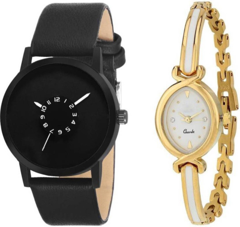 swanos New Collection watch Color Black & White_Golden Leather Belt & Bracelet type watch For _Men & Women Analog Watch  - For Men & Women