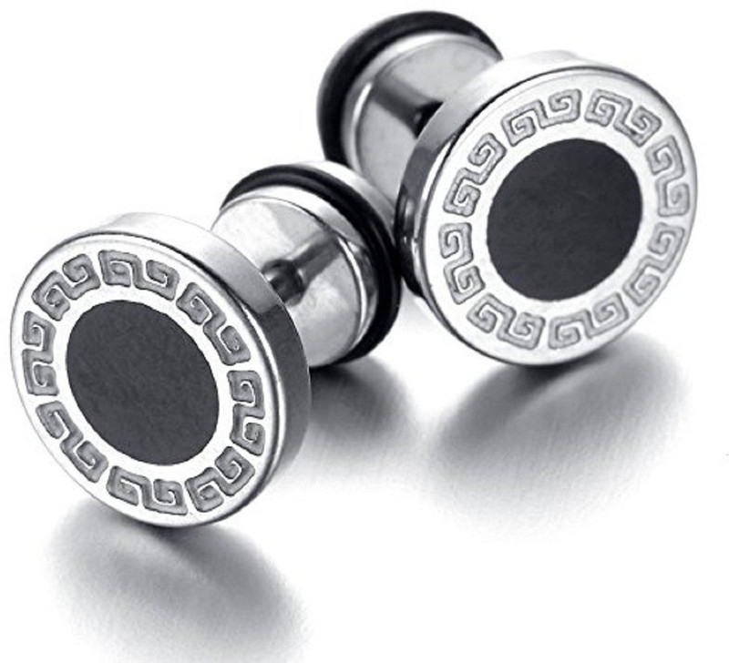 gadgetsden Greek Key Pattern and Black Enamel Stainless Steel Stud Earring